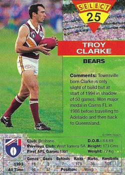 1994 Select AFL #25 Troy Clarke Back